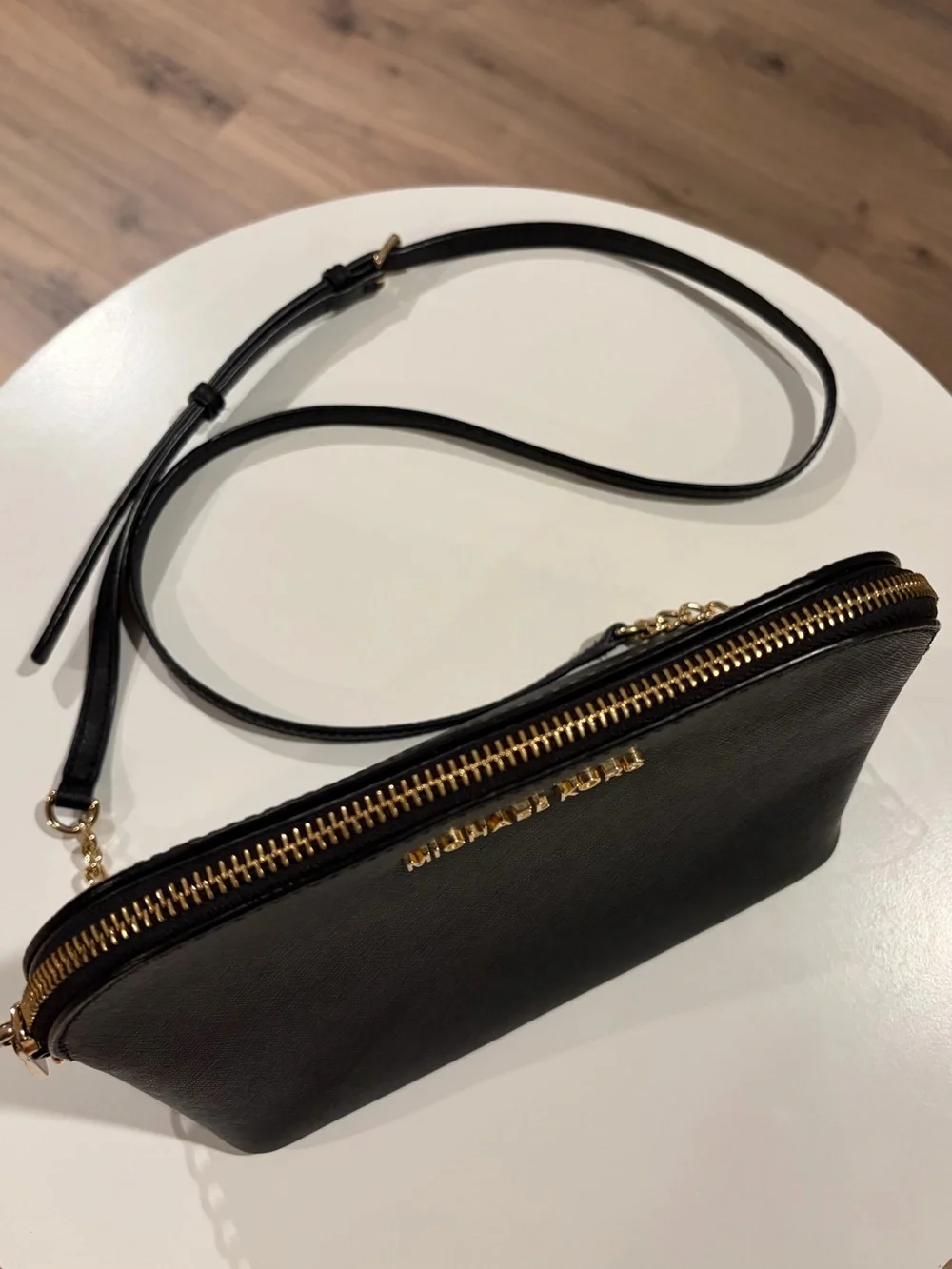 Michael Kors Black Jet Set Crossbody Bag, Gold Logo, Gold Chain